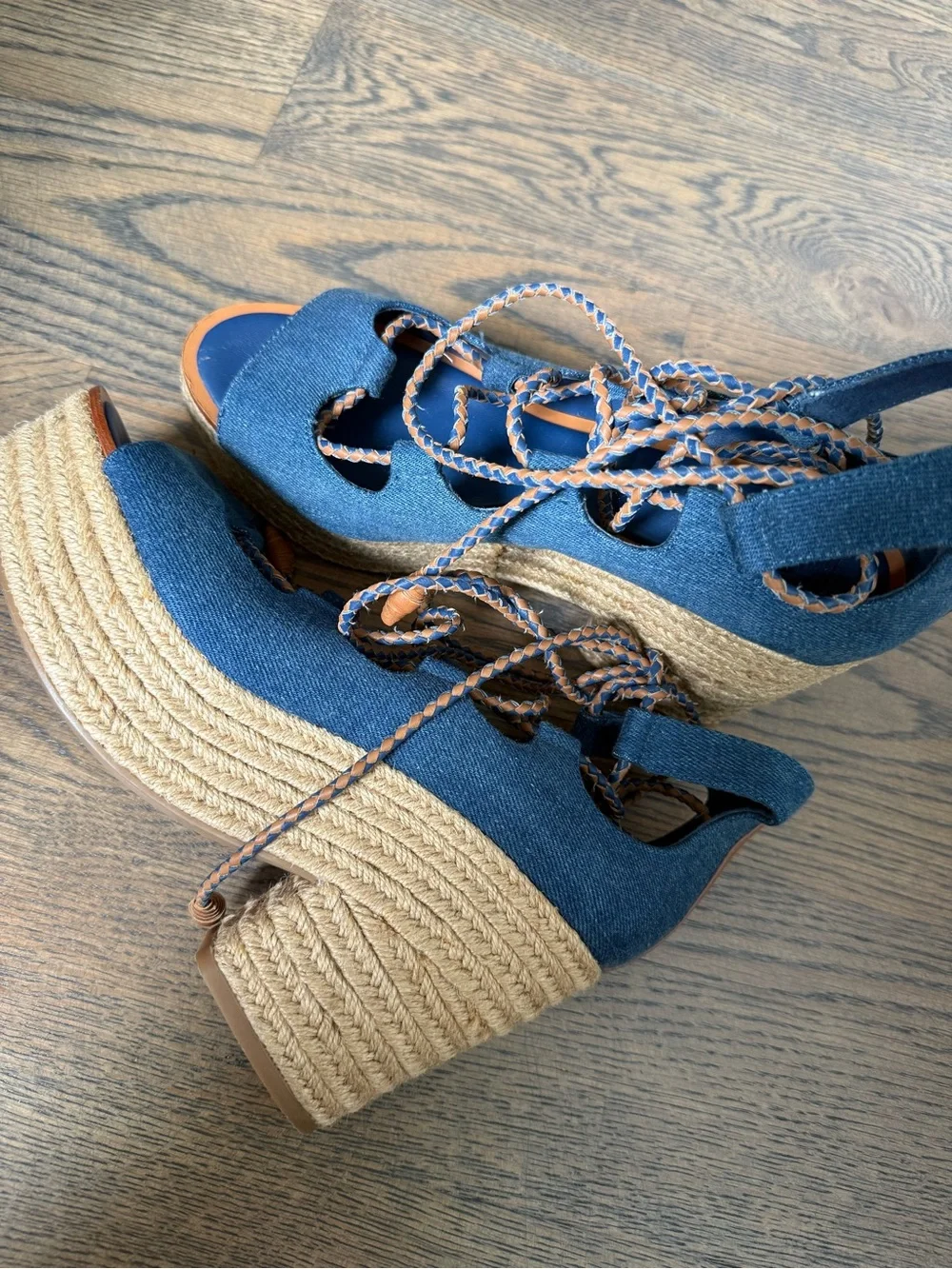 Tory Burch Positano lace-up platform espadrille in denim blue with leather laces
